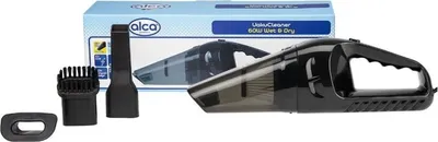 A handheld vacuum cleaner with accessories and its packaging.