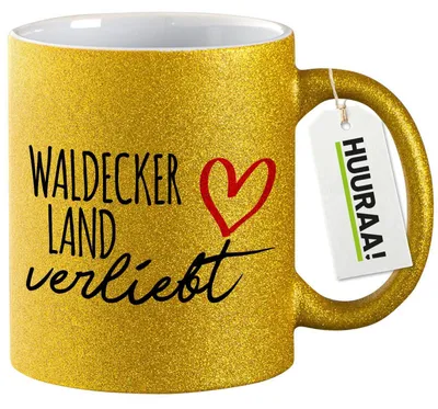 Produktbild von Huuraa Glitzertasse Waldecker Land verliebt 330ml Gold Keramik Kaffeebecher Geschenkidee