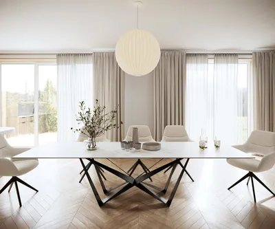 Produktbild von DELIFE Esstisch Edge 300x100cm Keramik Laminam®Statuarietto Weiß Mittelfuß Flachstahl Schwarz