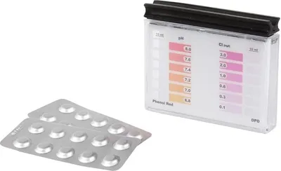 Produktbild von Steinbach Testkit für pH-Wert und freies Chlor, je 10 Tabletten mit "STEINBACH" Logo, geblistert