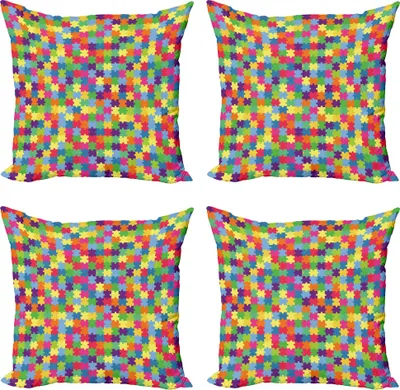 Produktbild von ABAKUHAUS Bunt Kissenbezug Set (4 Stück), Patchwork Puzzle Piece, Moderner Doppelseitiger Digitaldruck, 60 cm x 60 cm, Mehrfarbig