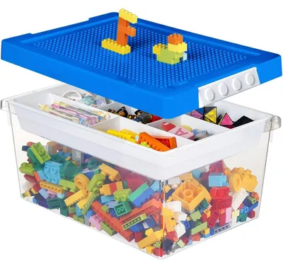 Productafbeelding van Opbergbox voor speelgoed met deksel, bakje en bouwbord, set van 3, PP, donkerblauw