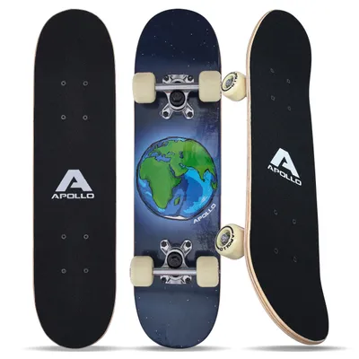 Produktbild von Apollo Kinder Skateboard, | kleines Komplett Board mit ABEC 3 Kugellagern und Aluminium Achsen | Coole Designs für Kinder | Cruiser Boards für Mädchen und Jungs | Kinder Skateboard ab 3 Jahre "Around the World" 61 cm