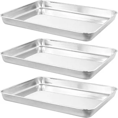 Immagine prodotto di Set di 3 teglie da forno rettangolari in acciaio inossidabile Ibenzoa®, dimensioni 32 x 22 x 4,8 cm, con bordi alti – ideali per pane, pizza e torte