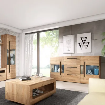 Produktbild von Vitrinenschrank Set Eiche Grandson Nb. TURDA-83 in modernem Stil mit Beleuchtung und Metallgriffen