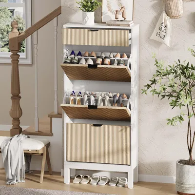 Obrázok produktu pre Úzka skrinka na topánky s 3 dvierkami a 1 zásuvkou, s reliéfnym vzorom vlniek, materiál: MDF + drevotrieska, farba: biela + dub