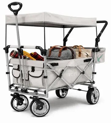 Produktbild von IMLEX Bollerwagen faltbar mit Dach IM-4268 Grau | Hohe Stabilität, 1X 3-Punkt Gurtsystem | Handwagen klappbar mit Schiebegriff ideal für 2 Kinder