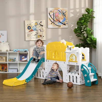 Produktbild von Kinderrutsche, 7 in 1, Kleinkinderrutsche mit Basketballkorb, Klettergerüst, Teleskop, Tunnel, Lenkrad, Plattformgang, Aufbewahrungskorb， Kinder Spielplatz für 1 bis 3 Jahre Kinder