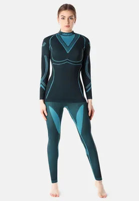Produktbild von Ladeheid Damen Funktionsunterwäsche Set Langarm Shirt Lange Unterhose Thermoaktiv LAGI006 (Schwarz/Turquoise, L)