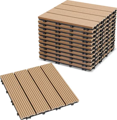 Obrázek produktu pro Jayseuw 11x WPC terasové dlaždice s drenáží a click systémem balkonová zahrada 30x30cm teakové dřevo