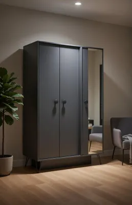 Produktbild von Kleiderschrank in Dunkelgrau mit praktischen Stauraumfächern