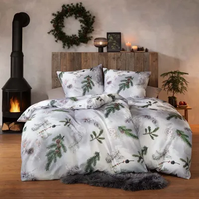 Produktbild von Estella Kuschel Flanell Bettwäsche 155x220 Pine Twigs silber Zweige Tannenzapfen 4455-820