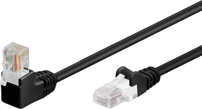 Produktbild von CAT 5e Patchkabel 1x 90° gewinkelt, U/UTP, schwarz Kupferkaschierter Aluminiumleiter (CCA), Rastnase oben