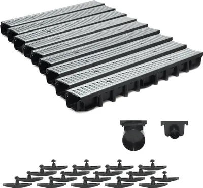 A set of drainage channels with metal grates and some accessories, arranged in a stepped pattern against a white background.