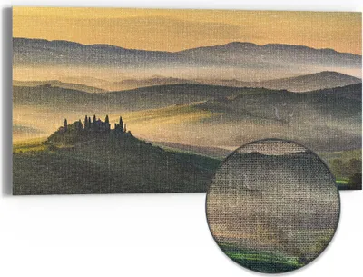 Produktbild von DEQORI Hybrid Leinwand Bild 60x30 cm 'Toskanischer Morgenzauber' Wandbild Glas flach modern