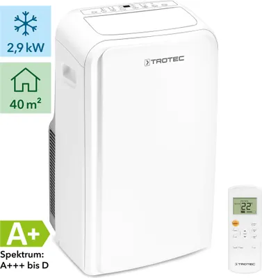 A portable air conditioner unit and its remote control are shown.