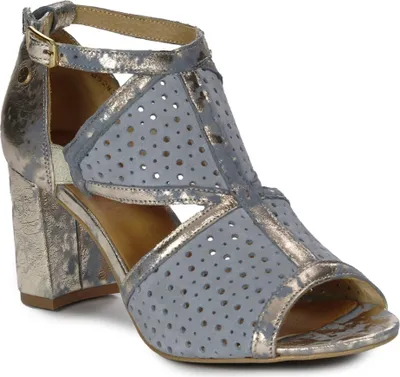 Produktbild von Sandalen in Blau und Gold mit 7,5 cm Absatz, Knöchelriemchenverschluss und flexibler Sohle