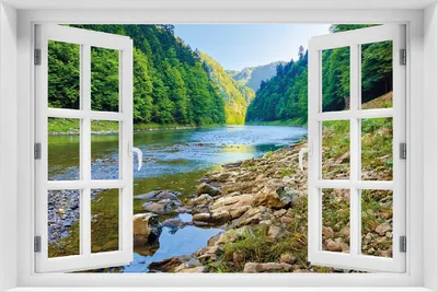 Produktbild von Wallario Poster mit Fenster-Illusion: Fluss in den Bergen an steinigem Ufer, Größe: 100 x 150 cm