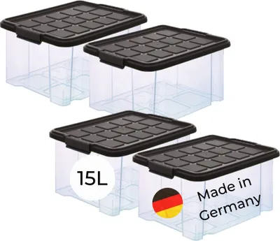 Immagine prodotto di Novaliv 4x contenitori con coperchio 15L antracite Contenitori impilabili con chiusura a clip Scatola di plastica senza BPA 41 x 29 x 20 cm
