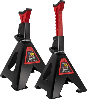 Zdjęcie produktu dla HEYNER® Zestaw 2 podpór z gumową podkładką Wysokość podnoszenia 400-620 mm Certyfikat Udźwig 6 ton Podpora Noga podporowa 10-pozycyjna regulacja wysokości