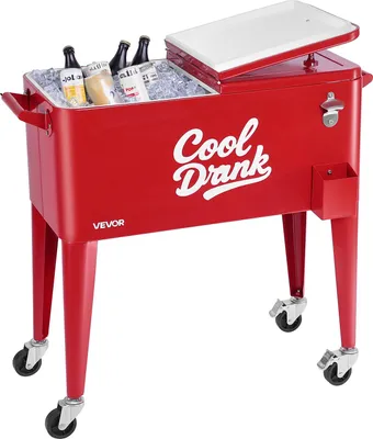 Produktbild von VEVOR Kühlwagen Getränkewagen 75,71 L bis zu 50 Flaschen/110 Dosen, Beistellwagen für Terrassenpartys mit  4 Lenkrollen (2 mit Bremsen) & Sammelbox für Deckel & Flaschenöffner, Getränkekühler