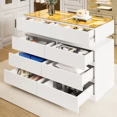 Immagine prodotto di Credenza Merax, comò con vetro e illuminazione a LED, 8 cassetti, toletta o isola per spogliatoio, credenza da sala da pranzo, bianco