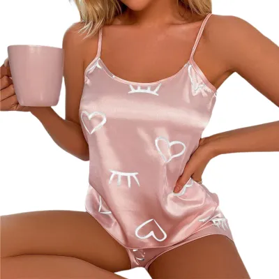 Produktbild von 2 Teile/satz Spaghettiträger Ärmelloses Elastische Taille Lose Fit Pyjama Set Frauen Herz Print Glatte Satin Weste Shorts Set