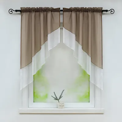 Produktbild von Delien Voile Scheibengardine Bogen 2-Teilige Kleinfenster Vorhang Tunnelzug Kurzstores Doppelschichtige Küchengardinen, Braun BxL 90x100cm