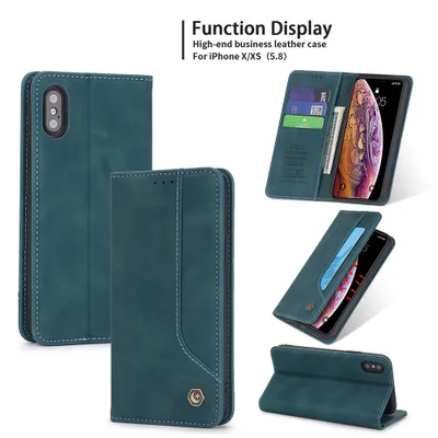Obrázek produktu pro RetroPolyuretankožené pouzdro pro iPhone X / iPhone XS peněženkový design pouzdro s držákem na karty a stojánkem modré