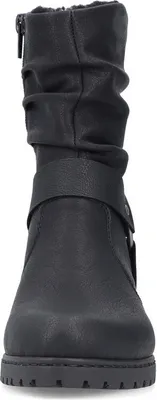 A front view of a black boot.