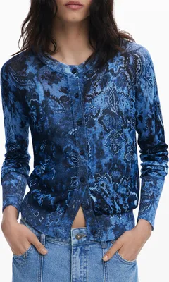 Produktbild von Stylischer Damen-Cardigan: Blau, Langarm, Knöpfe, Kontrastdetails