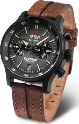 Produktbild von Die Herrenuhr VOSTOK EUROPE VK64-592C558 in klassischem Braun ist wasserdicht.