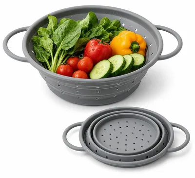 Produktbild von Faltbares Nudelsieb 21cm Silikon, hitzebeständig bis 240°C, BPA-frei, spülmaschinenfest–Platzsparendes Küchensieb & Abtropfsieb für Camping und Küchen