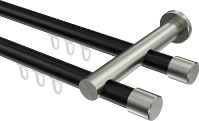 Produktbild von Interdeco Innenlaufstange / Gardinenstange mit Innenlauf Schwarz / Edelstahl-Optik, Typ Platon Santo (Kappe), 20 mm Ø 2-läufig, 320 cm