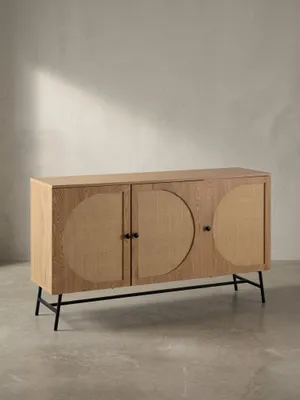Produktbild von Sideboard 140x80x39 cm Kommode Eiche-Nachbildung mit Rattan Geflecht Modern, Hoher Kommodenschrank, Standschrank mit 3 Türen, Anrichte Wohnzimmer