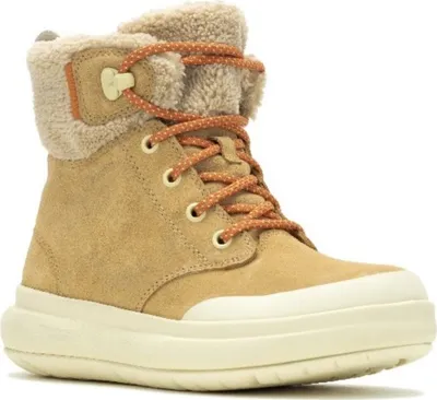 A single tan winter boot with a cream sole and orange laces is shown against a white background.