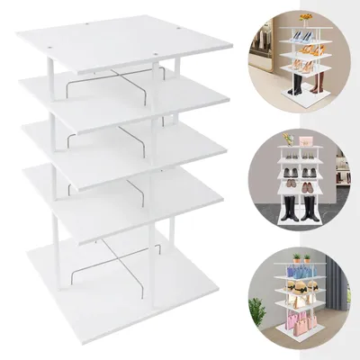 Produktbild von Schuh- und Taschenregal - 4-stöckiger drehbarer Schuhständer - 360° rotierbar, freistehend, Metallgestell, platzsparend für Schrank und Schlafzimmer, weiß