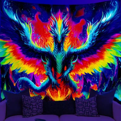 Productafbeelding van Wandtekening met drakenmotief - UV-reactief zwartlichtposter - Wanddecoratie voor woonkamers - 150x130 cm