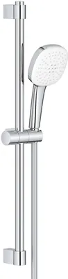 A chrome shower head on a sliding rail against a white background.