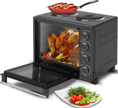 Produktbild von TurboTronic Minibackofen mit Umluft und Drehspieß + 2 Kochplatten 35 Liter, Schwarz, inkl. Backblech, 3200W Mini Tisch Backofen Camping Pizzaofen Klein/Groß Miniküche