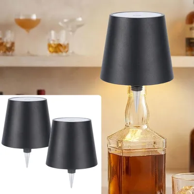 Produktbild von 2er-Set Flaschenlampe, 8h Power-Akku dimmbar - 3600 mAh - 3 Lichtfarben, Schwarz -Stimmungsvolle Beleuchtung - Flaschenlicht mit Metallschirm