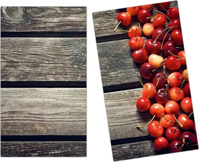 Produktbild von Spritzschutz Herdabdeckplatte Schneidebrett aus Glas Kirschen auf Holzbrett 2-Teilig (60x52cm)