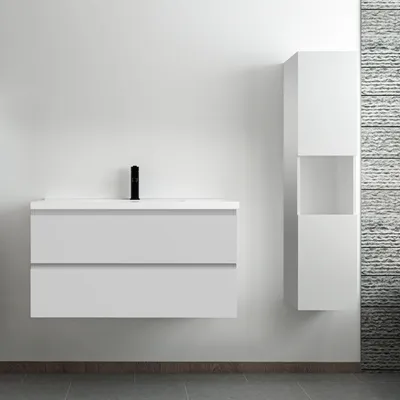 Image de Ensemble Meuble Salle de Bain Blanc, Meuble Lavabo 2 Tiroirs 99cm + vasque + Colonne Haute 131.5cm, suspendu, MDF