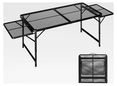 Produktbild von Tragbarer Campingtisch 120x60x55cm, 3 Höhenverstellbar Klappbarer Multifunktionstisch, Grilltisch mit Metallgitterplatte, Zusammenklappbarer Gartentisch, Beistelltisch für Strand und Picknick
