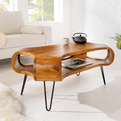 Produktbild von Massivholz Couchtisch ORGANIC LIVING 100cm braun Sheesham stone finish Hairpin Legs