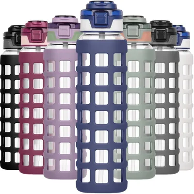 Obrázok produktu pre Sklenená fľaša na vodu s rúčkou a slamkou, bez obsahu BPA