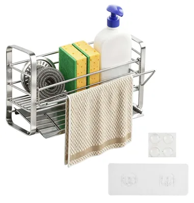 Produktbild von Famanu Spülbeckenorganizer mit selbstabführender Abtropfschale und Handtuchhalter - Edelstahl 304