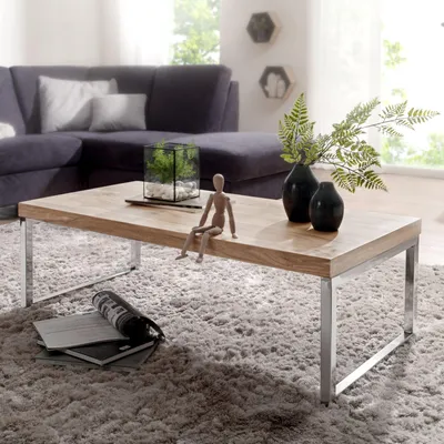 Obrázok produktu pre Konferenčný stolík FineBuy z masívneho akátového dreva 120x60x40 cm · Obdĺžnikový stolík do obývacej izby s chrómovanou podnožou · Ručne vyrobený v priemyselnom dizajne