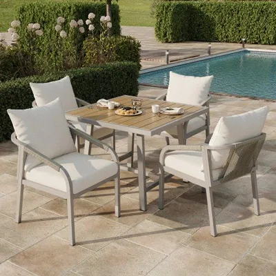 Image de Ensemble de mobilier de jardin pour 4 personnes, composé d'une table et de 4 chaises, en acier galvanisé, table en bois synthétique, motif tressé, kaki + beige