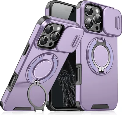 Obrázek produktu pro Dvouvrstvé pouzdro pro iPhone 16 Pro, s posuvným krytem fotoaparátu a magnetickým kroužkovým stojánkem Fialová